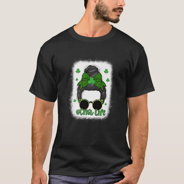 Bleached Cna Life Messy Bun Leopard St Patricks Da T Shirt (Framsida)