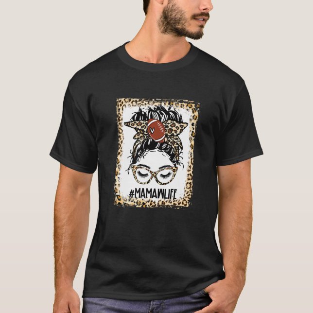 Bleached Football Mamaw Messy Bun Game Day Mammor T Shirt (Framsida)