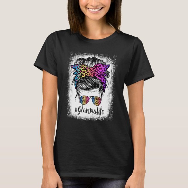 Bleached Glamma Life Rainbow Leopard Messy Bun T Shirt (Framsida)