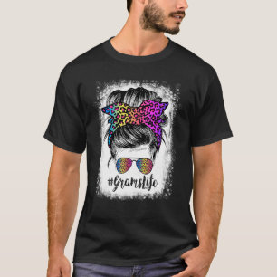 Bleached Grams Life Rainbow Leopard Messy Bun T Shirt