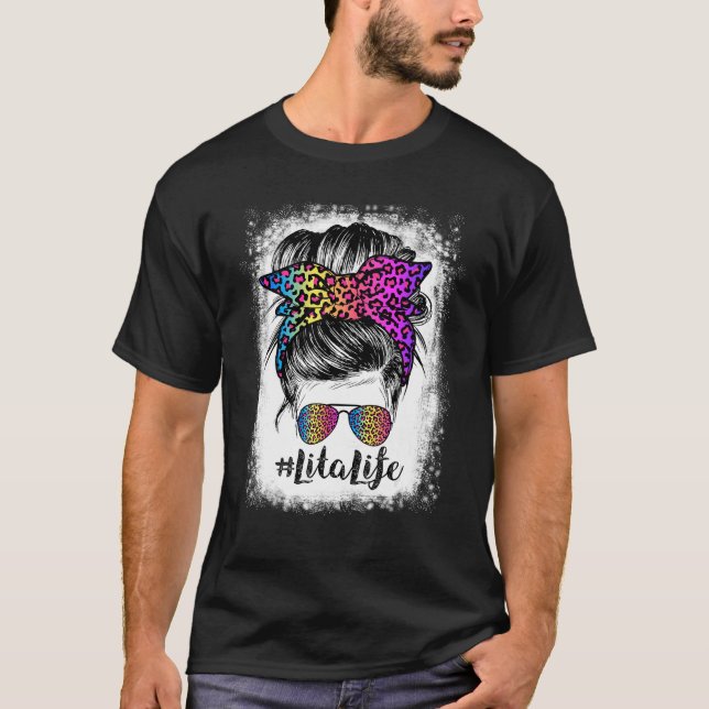 Bleached Lita Life Rainbow Leopard Messy Bun T Shirt (Framsida)