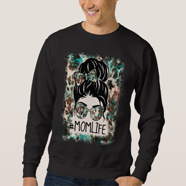 Bleached Mom Life Western Cowhide Messy Bun Mother Lång Ärmad Tröja (Framsida)