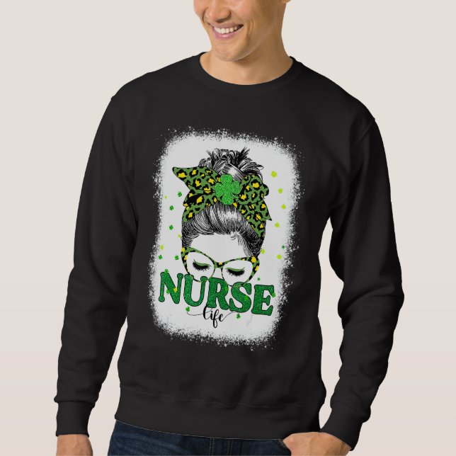 Bleached Nurse Life Messy Bun Leopard St Patricks Lång Ärmad Tröja (Framsida)