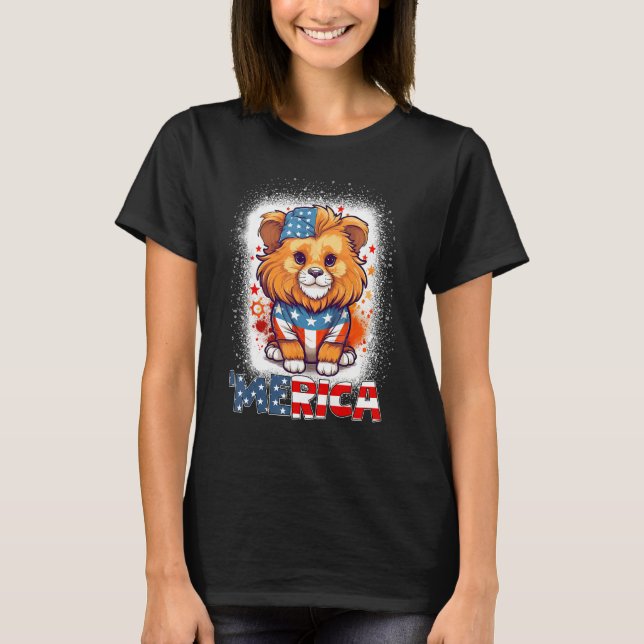 Bleached Patriotic Lion 4th of July Fireworks Meri T Shirt (Framsida)