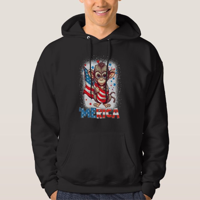 Bleached Patriotic Monkey 4th of July Fireworks Me Hoodie (Framsida)