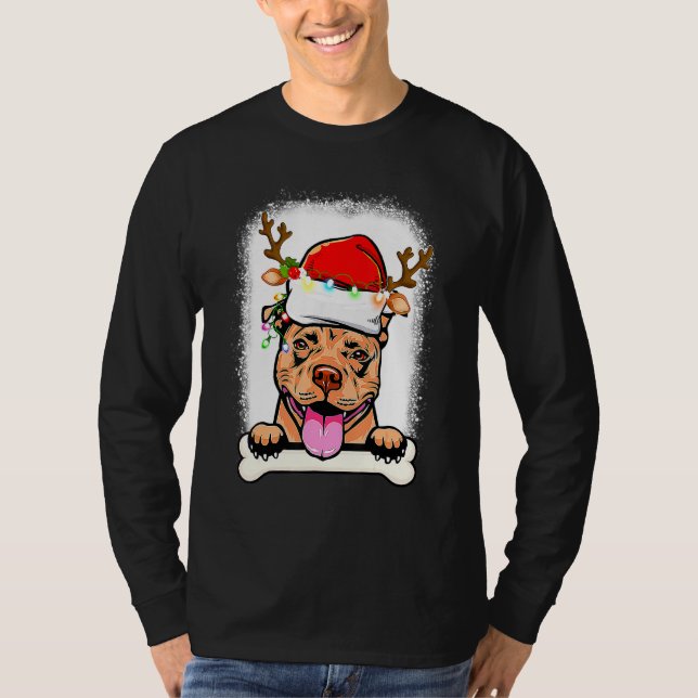 Bleached Pitbull Santa Ljus jul Hund Reinde T Shirt (Framsida)