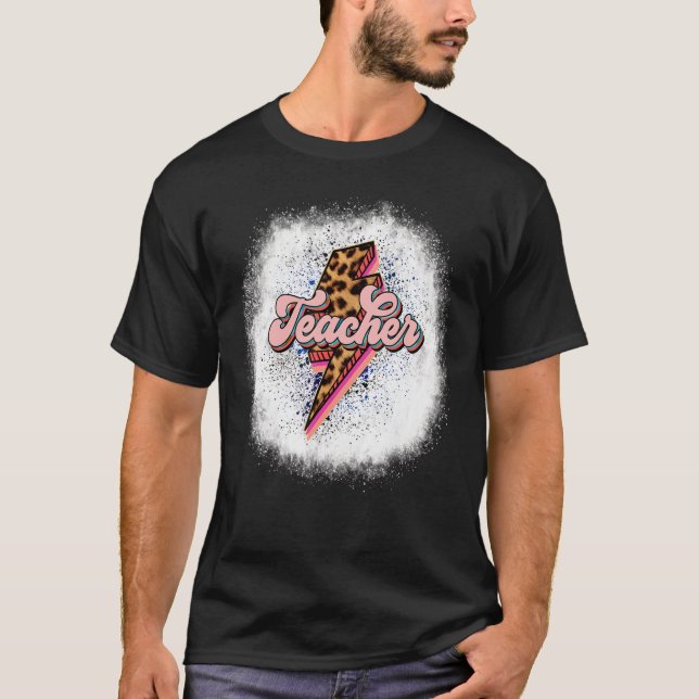 Bleached Retro Teacher Lightning Bolt Leopard Teac T Shirt (Framsida)