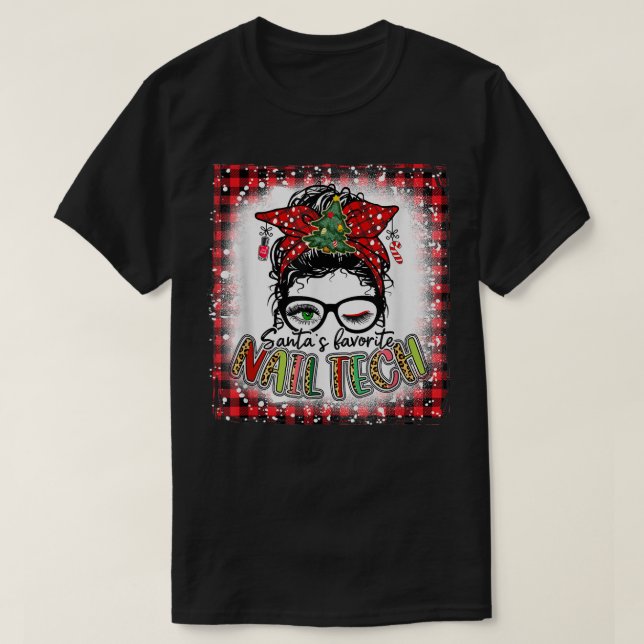 Bleached Santa's Favorite Nail Tech Messy Bun Chri T Shirt (Design framsida)