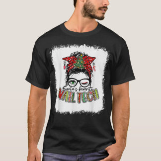 Bleached Santa's Favorite Nail Tech Messy Bun Xmas T Shirt
