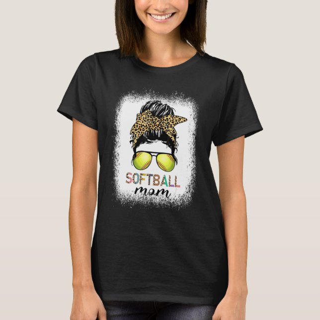 Bleached Softball Mamma Life Leopard Messy Bun Gam T Shirt (Framsida)