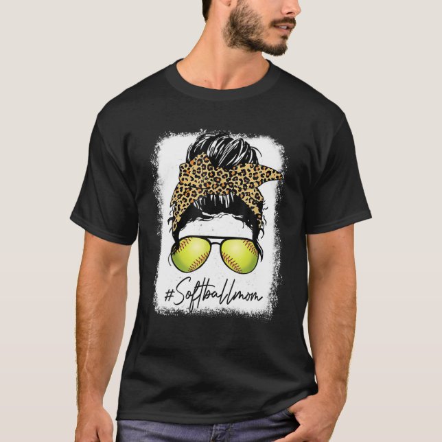 Bleached Softball Mamma Life Leopard Messy Bun Gam T Shirt (Framsida)
