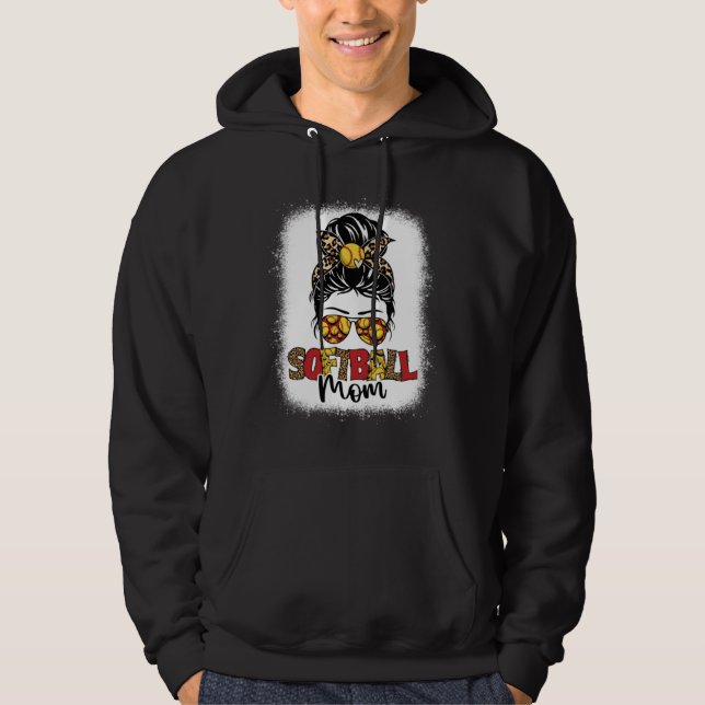 Bleached Softball Mom Leopard Messy Bun Mothers Da Hoodie (Framsida)