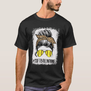 Bleached Softball Nannie Life Leopard Messy Bun Mo T Shirt