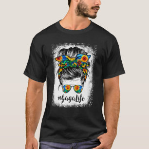 Bleached Sunblommor Gaga Life Messy Hair Bun T Shirt