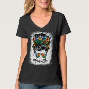 Bleached Sunblommor Gaga Life Messy Hair Bun T Shirt