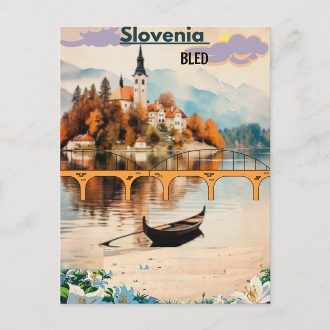 Bled Travel Postcard Slovenska konst Blue Bled Ble Vykort (Framsida)