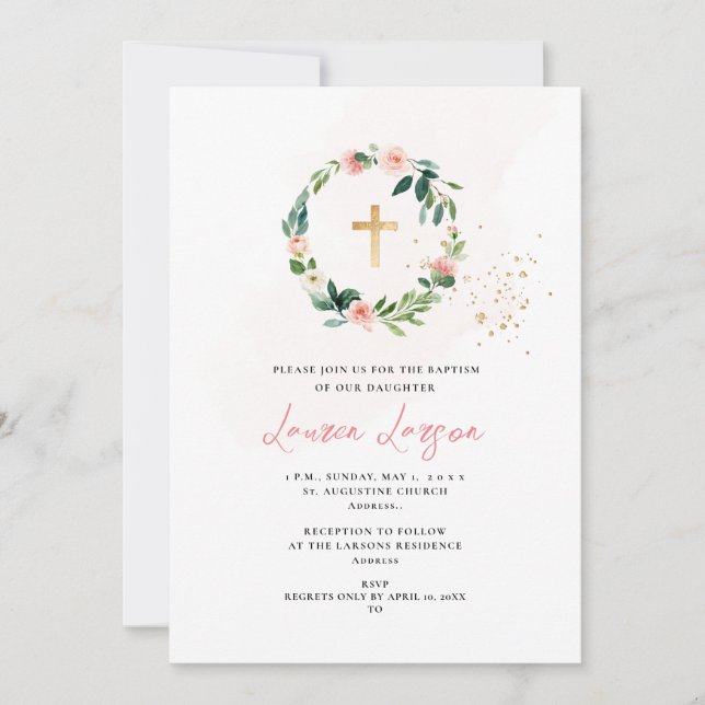 Blek-Baptism i ArtsApp Elegant H2  Rosa ros Inbjudningar (Framsida)