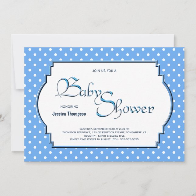 Blek Blue and White Polka Dot Baby Shower Inbjudningar (Framsida)