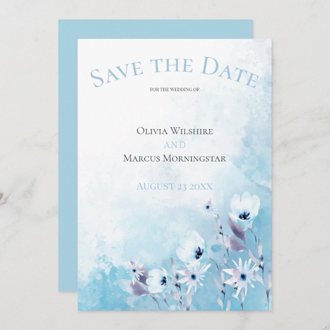 Blek Blue Anemone Garden Spara datum Inbjudningar (Fram/baksida)