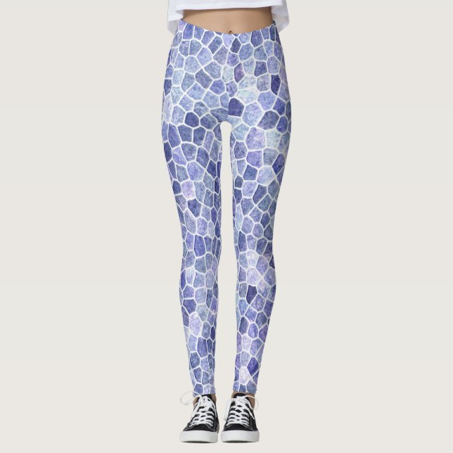 Blek Blue Cobled Patchwork Terrazo Mönster Leggings (Framsida)