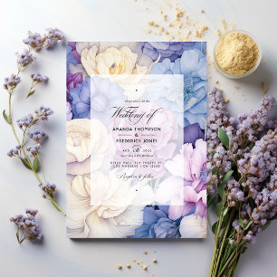 Blek Blue, Cream och Lavender Blommigt Bröllop Inbjudningar