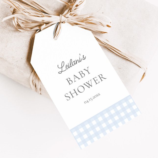 Blek Blue Gingham Classic Boys Baby Shower Favor Presentetikett (Skapare uppladdad)