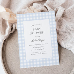 Blek Blue Gingham Classic Boys Baby Shower Inbjudningar