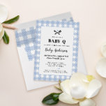 Blek Blue Gingham Play Baby Shower BBQ Inbjudningar<br><div class="desc">Firar att mamma och baby ska vara med denna kallelse till baby-q-bänkfest som ger ett glatt intag av den klassiska gingham som klaviskt trasa mönster i mjukt blått och vitt plus den charmerande detaljen att grilla verktyg med ett hjärta. Anpassa texten till kostym med dina party-detaljer med flexibla textrutor eller...</div>