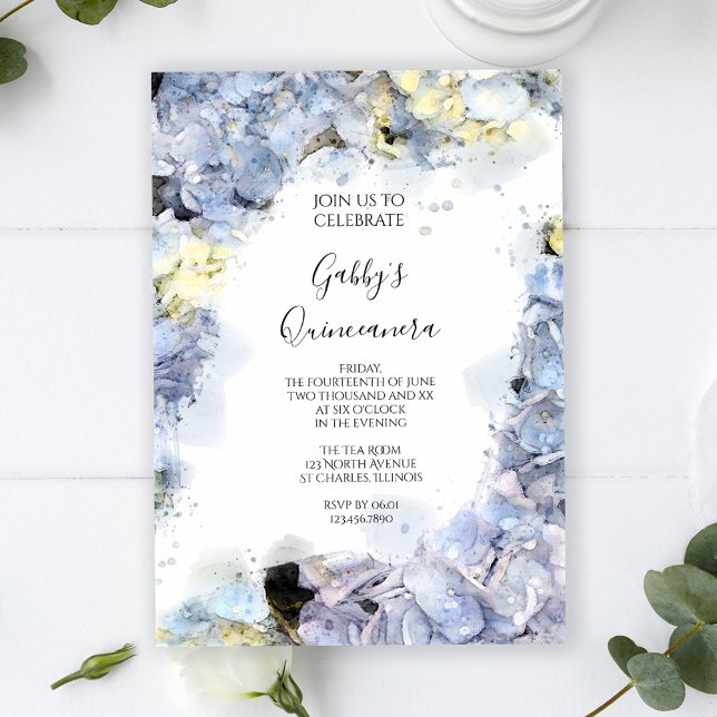 Blek Blue Hydrangea Watercolor Quinceanera Party Inbjudningar (Skapare uppladdad)