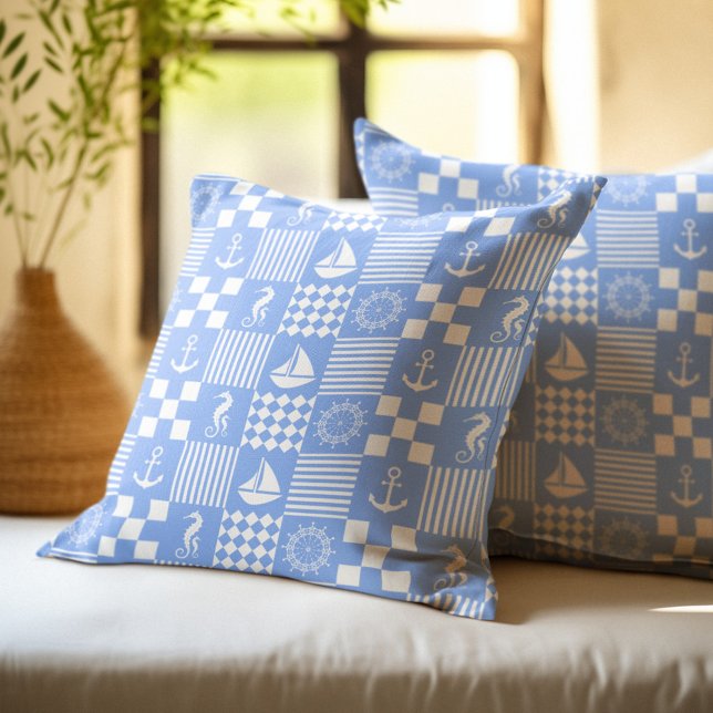 Blek Blue Nautical Patchwork Mönster Kudde (Skapare uppladdad)