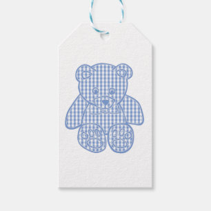 Blek Blue Pastel Gingham Nalle Classic Round Presentetikett
