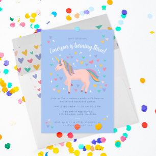 Blek Blue Pastel Rainbow Unicorn Födelsedagsfest Inbjudningar
