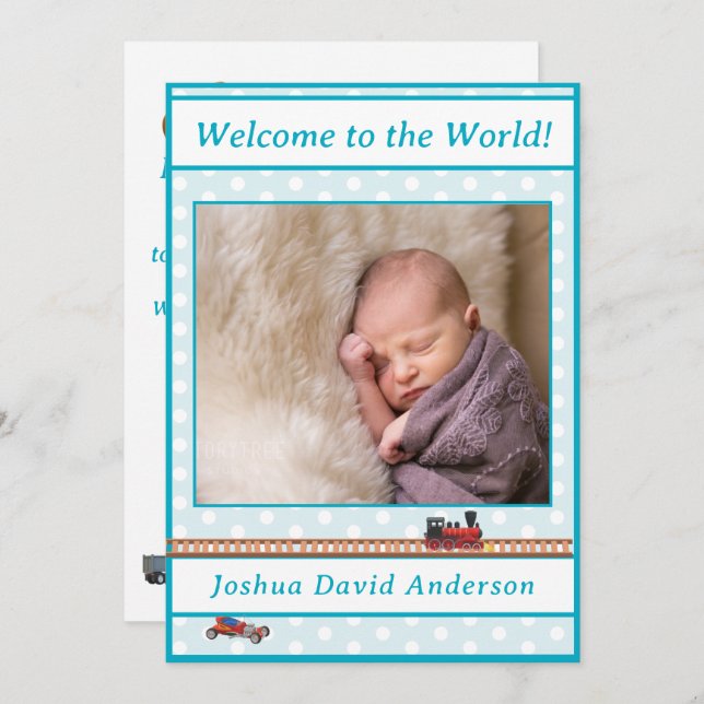 Blek-Blue Polka-Dot Pojke Birth Notice Meddelande (Fram/baksida)
