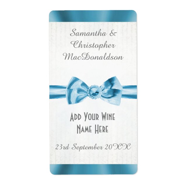 Blek Blue Satin ribbon bow bröllop vin flaska Fraktsedel (Framsidan)