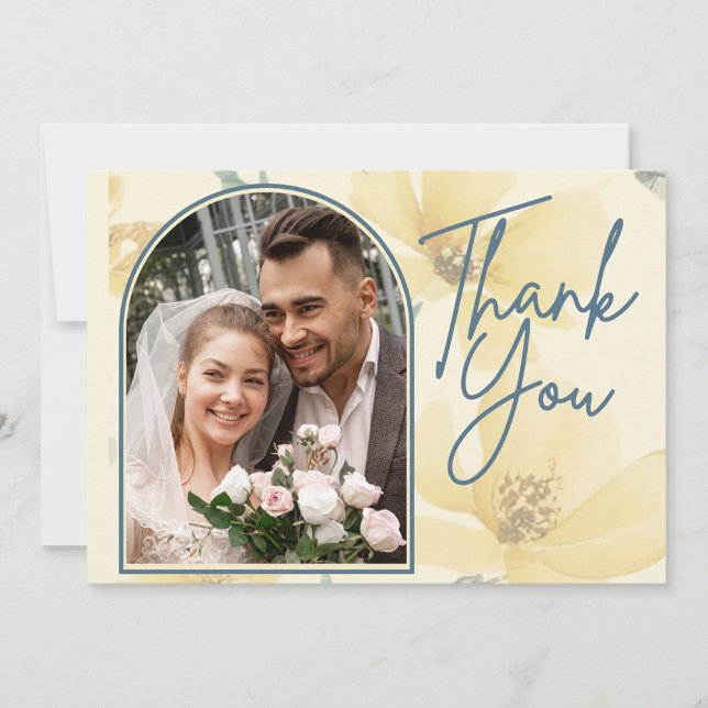 Blek Butter-Gult Mjuk blå Blommigt Bröllop Tack Kort (Butter Yellow & Pale Blue Floral Wedding Thank You Card)