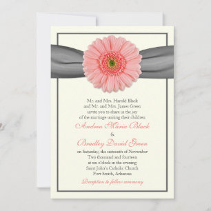 Blek Coral Gerbera Grått Ribbon Wedding bjudande Inbjudningar