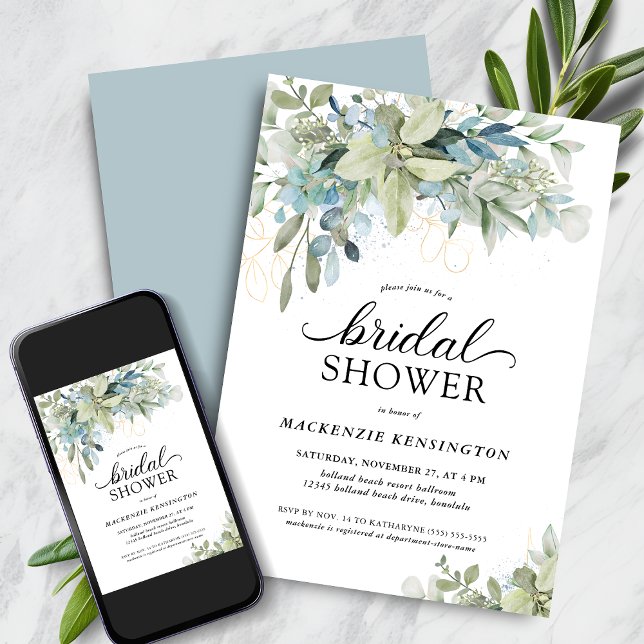 Blek Dusty Blue Eucalyptus Greenery Möhippa Inbjudningar (Pale Dusty Blue Eucalyptus Greenery Bridal Shower Invitation with Digital Download)