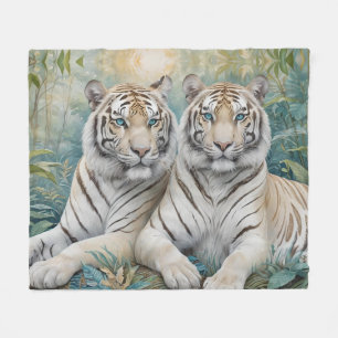 Blek Golden Tigers in a Blue Grönt Jungle Fleecefilt