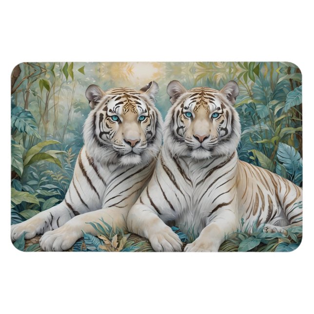 Blek Golden Tigers in a Blue Grönt Jungle Magnet (Horisontell)