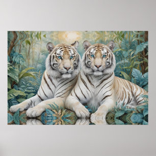 Blek Golden Tigers in a Blue Grönt Jungle Poster