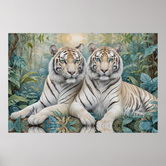 Blek Golden Tigers in a Blue Grönt Jungle Poster (Framsidan)