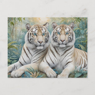 Blek Golden Tigers in a Blue Grönt Jungle Vykort