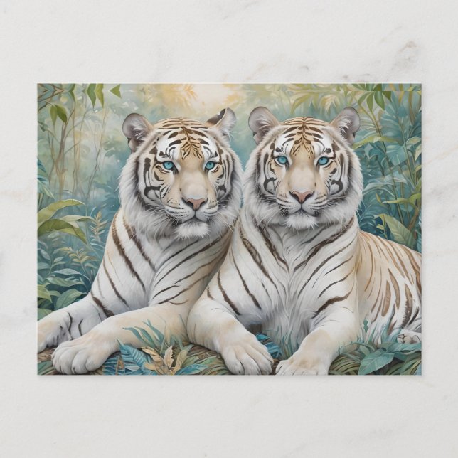 Blek Golden Tigers in a Blue Grönt Jungle Vykort (Framsida)