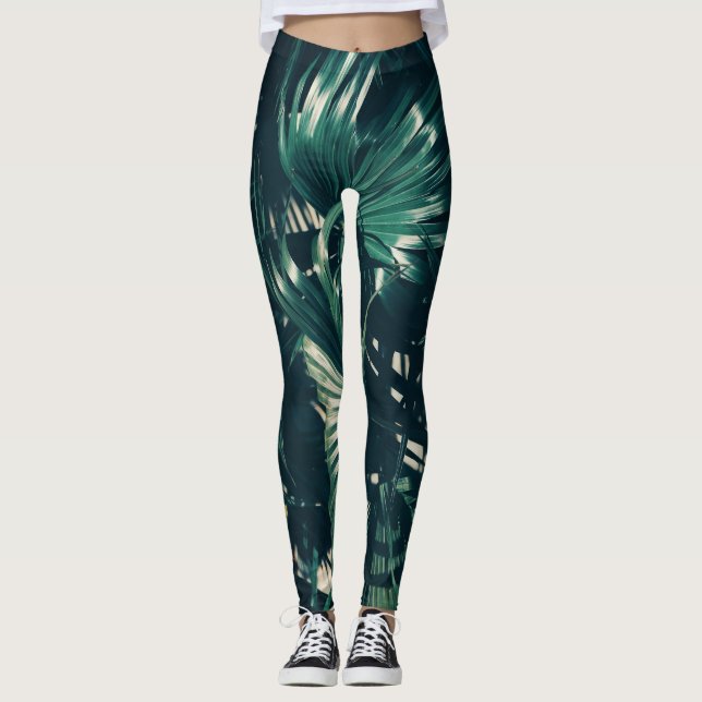 Blek - grön palmträdlövdamasker leggings (Framsida)