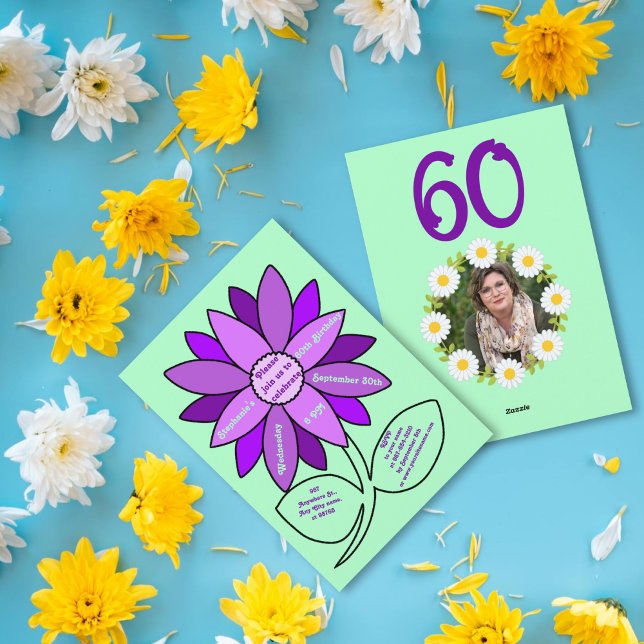 Blek grönt 60:e födelsedagen: Enkel Lila Solros Inbjudningar (Skapare uppladdad)