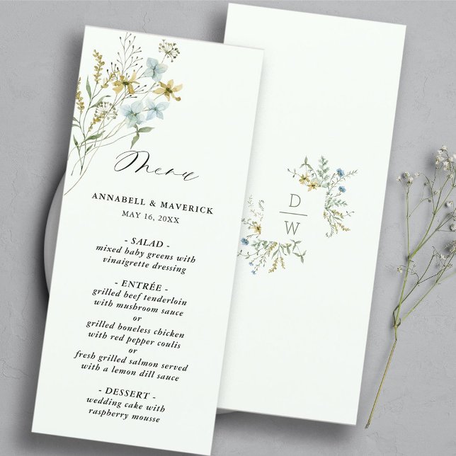 Blek Grönt Delikat Wildblomme Modern Boho Bröllop Meny (Front & Back)
