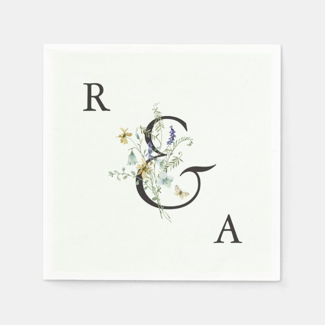 Blek Grönt Elegant Wildblomme Bröllop Monogram Pappersservett (Framsidan)