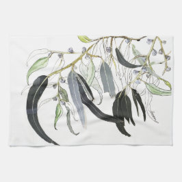 blek, grönt, gum löv, vattenfärg kökshandduk