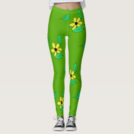 Blek Grönt Löv Gult Flower Sketch Leggings