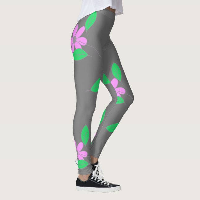 Blek Grönt Löv Rosa Flower Sketch Leggings (Höger)